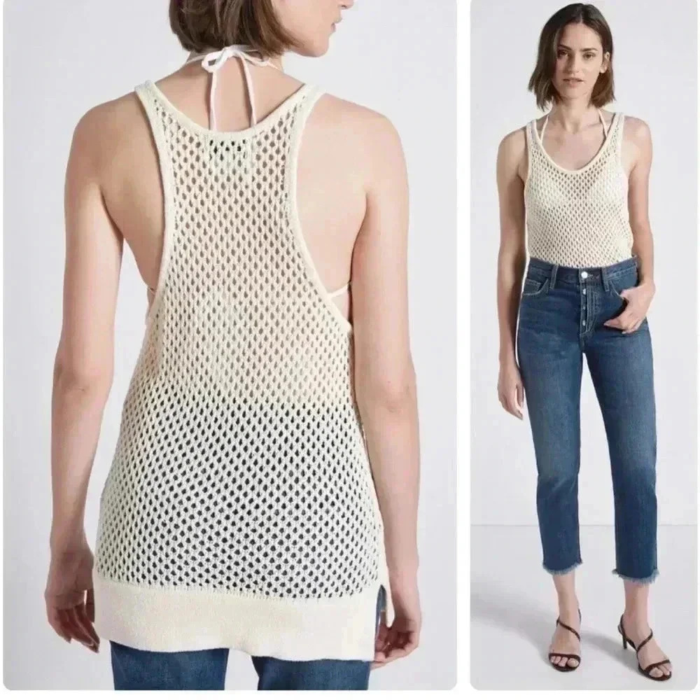 •GUESS• Tan Beige Open Weave Lace Up Sides Crochet Tank Sz S women’s